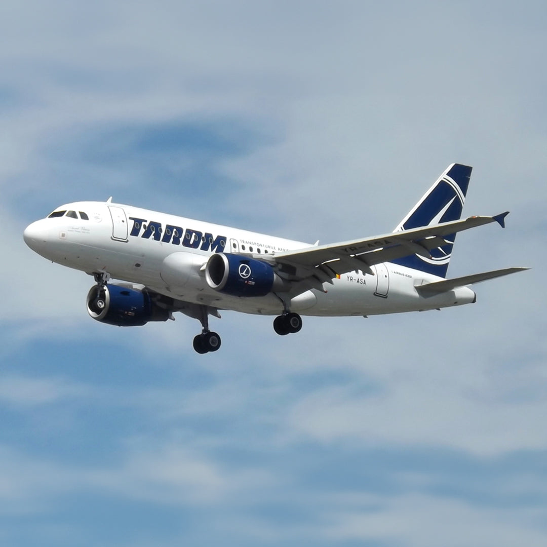 10 Years of Aviationtag - Airbus A318 YR-ASA aircraft tag edition ex Tarom. Image shows the baby bus up in the air