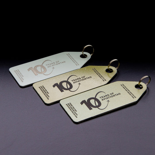 10 Years of Aviationtag - Airbus A318 YR-ASA aircraft tag edition ex Tarom. Image shows varieties of the backside with the 10 years anniversary logo