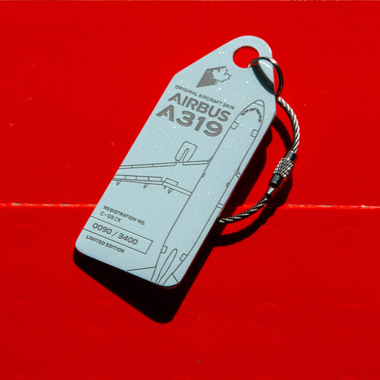 Aviationtag Airbus A319 C-GBIK Edition ex AIr Canada & Jetz aircraft tag close up front side on a red aircraft panel