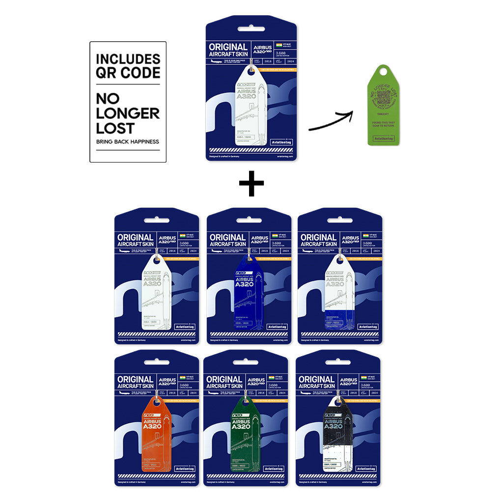 Aviationtag Airbus A320neo Edition VT-WJC GoAir Aircraft Tag Edition - Collector Set with 7 exclusive plane tags