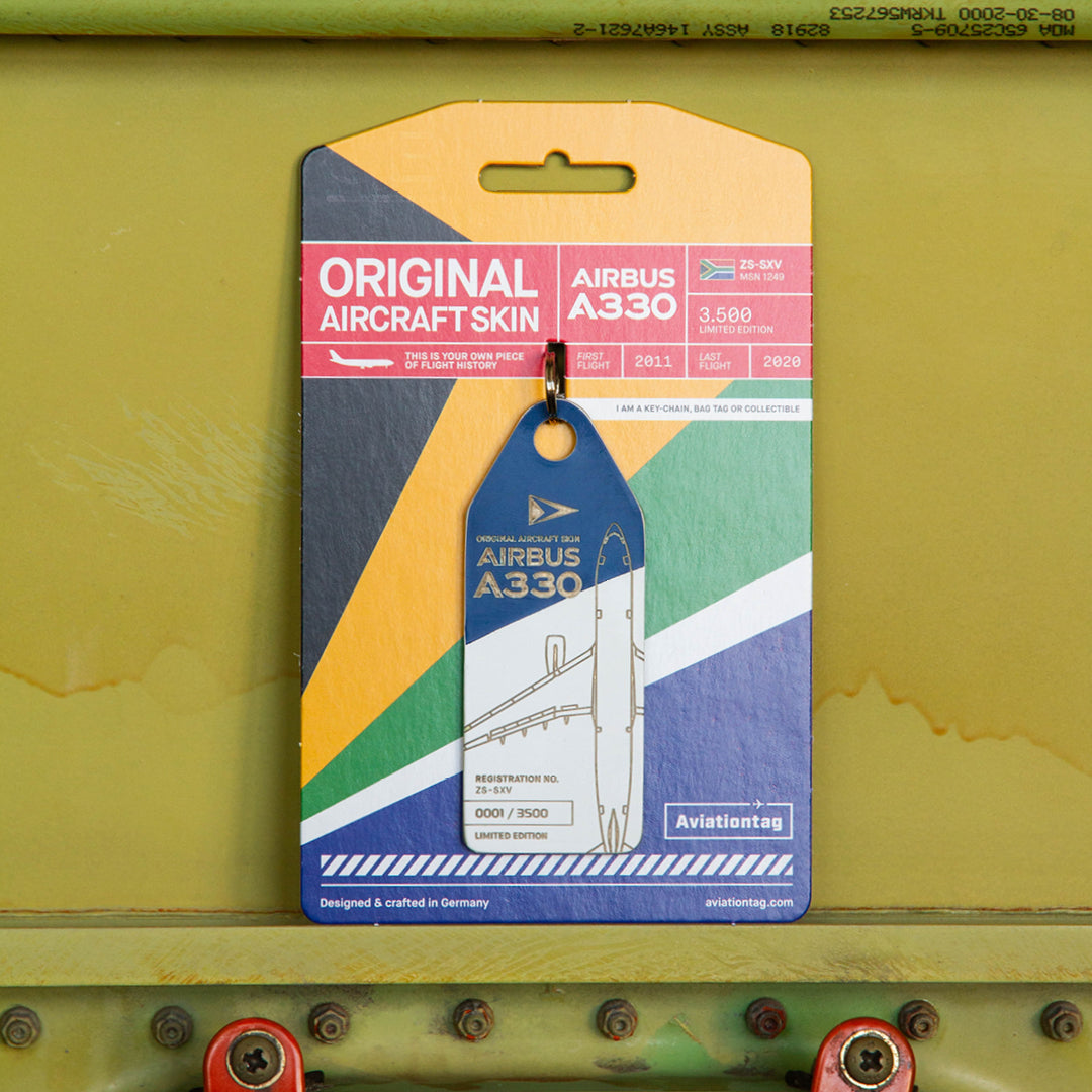 South African Airways Airbus A330 ZS-SKV Aviationtag Edition Blue/White aircraft tag with packaging on an plane panel backside