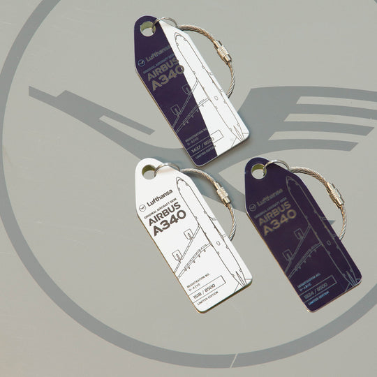 Aviationtag x Lufthansa Airbus A340-600 D-AIHE Leverkusen Aircraft Tag Editon  - three different plane tags in a group shot
