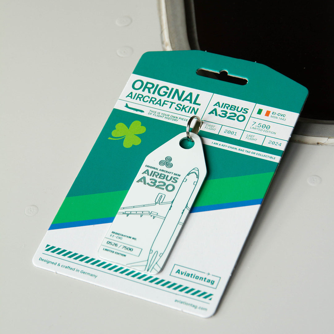 Aer Lingus Airbus A320 EI-CVC White Aviationtag Mood Photo - Original aircraft tag on plane panel upcycled from authentic aircraft material