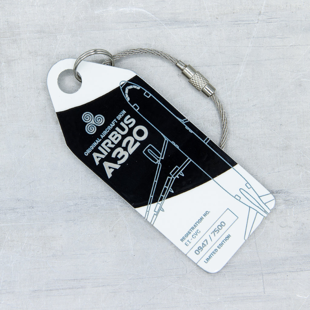 Black and white Aviationtag front side upcycled from former Aer Lingus Airbus A320 EI-CVC - authentic aircraft tag 