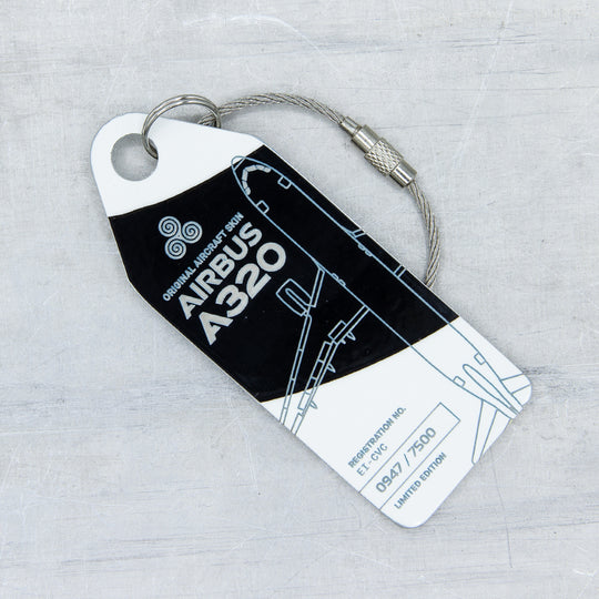Black and white Aviationtag front side upcycled from former Aer Lingus Airbus A320 EI-CVC - authentic aircraft tag 