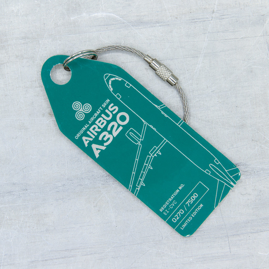 Green Aviationtag front side upcycled from former Aer Lingus Airbus A320EI-CVC - authentic aircraft tag 