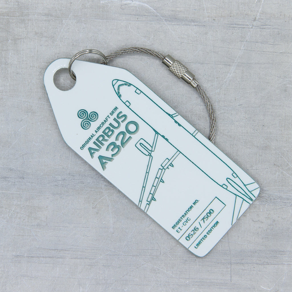 White Aviationtag upcycled from former Aer Lingus Airbus A320EI-CVC - authentic aircraft tag with packaging