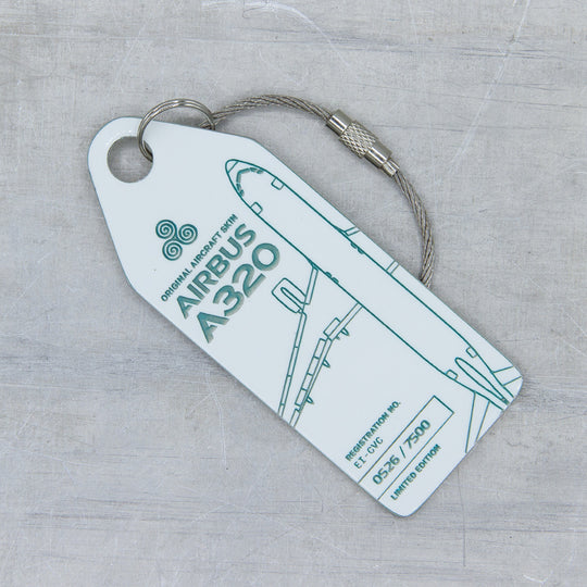 White Aviationtag upcycled from former Aer Lingus Airbus A320EI-CVC - authentic aircraft tag with packaging