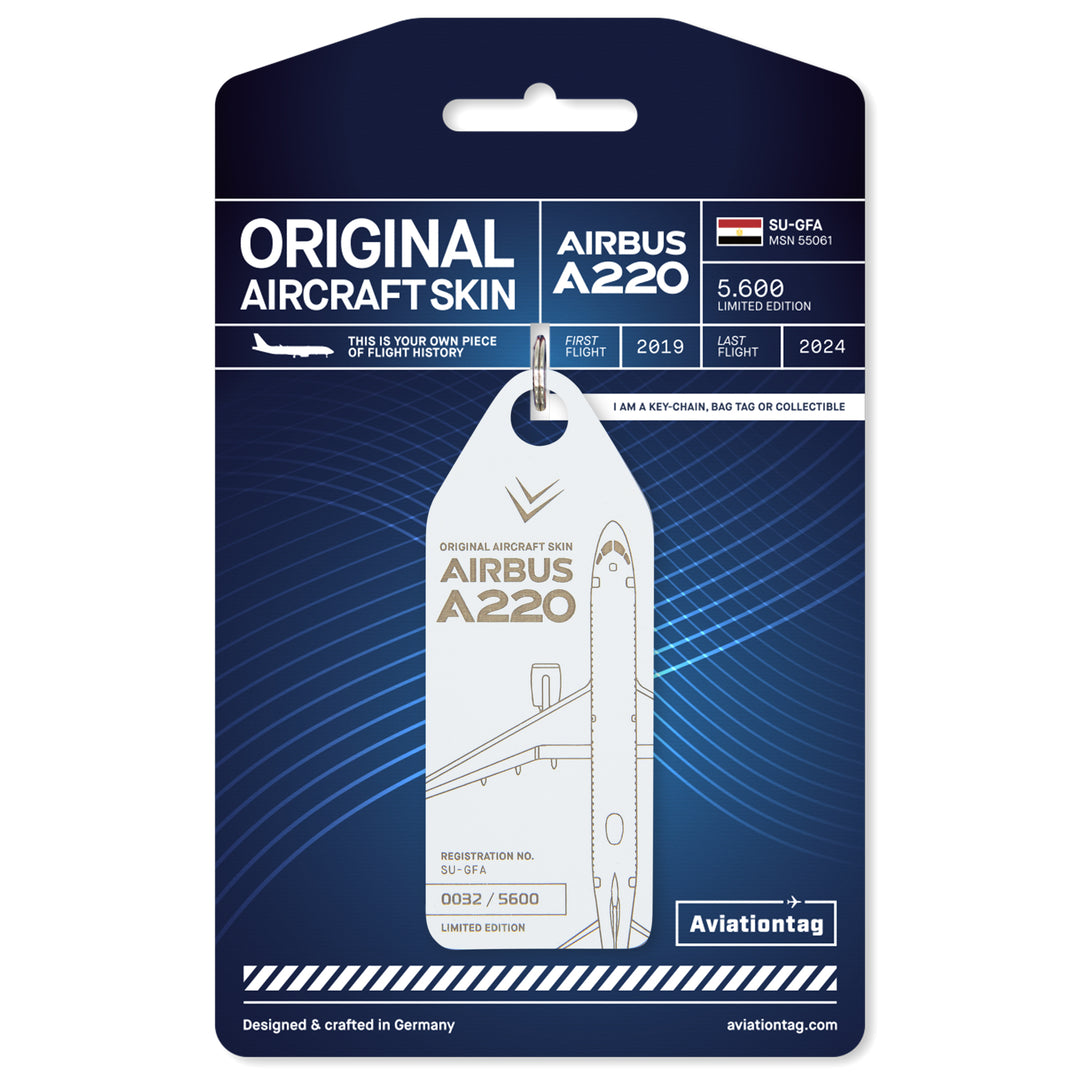 Aviationtag Airbus A220 SU-GFA Edition ex-Egypt Air - White aircraft tag on packaging 