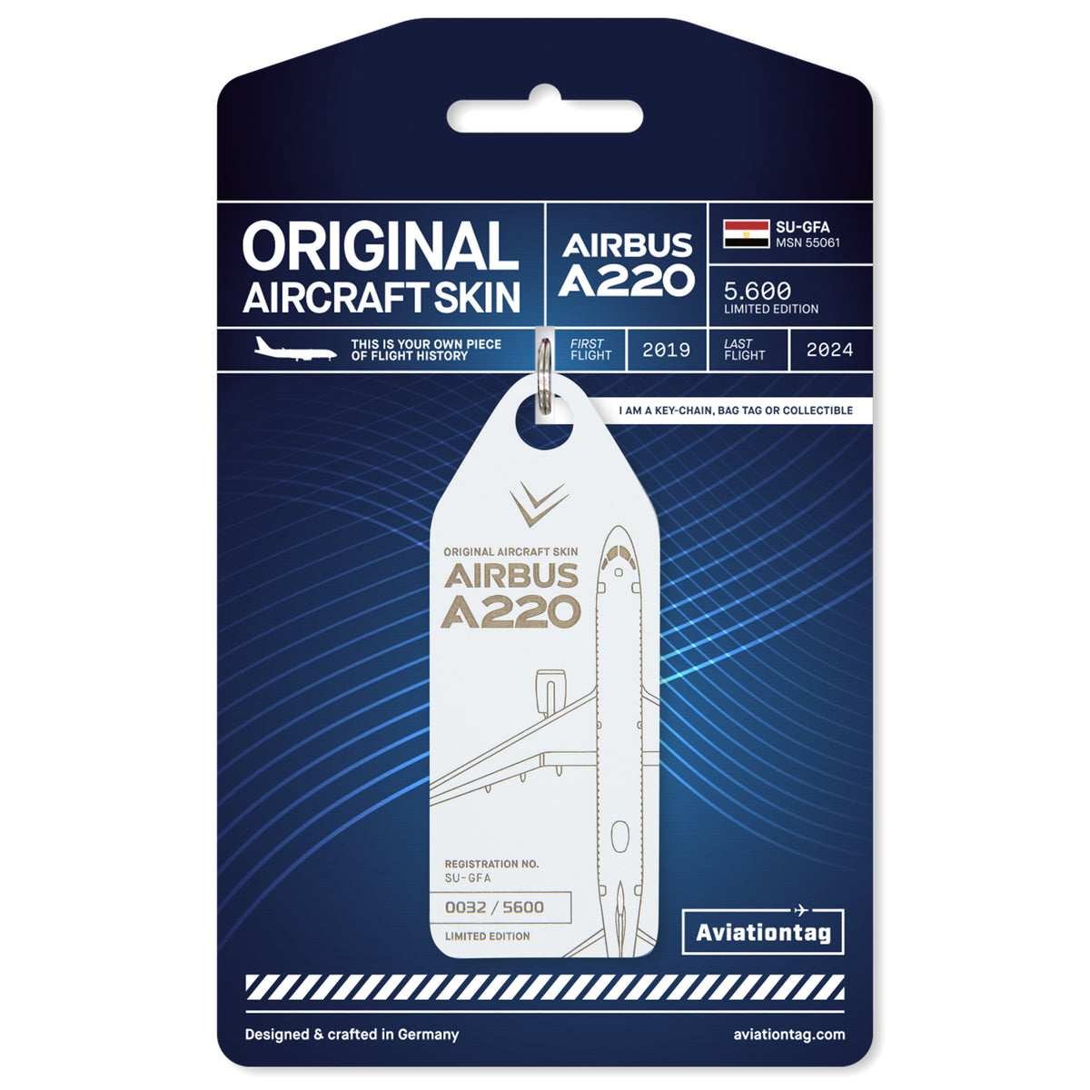 Aviationtag Airbus A220 SU-GFA Edition ex-Egypt Air - White aircraft tag on packaging 