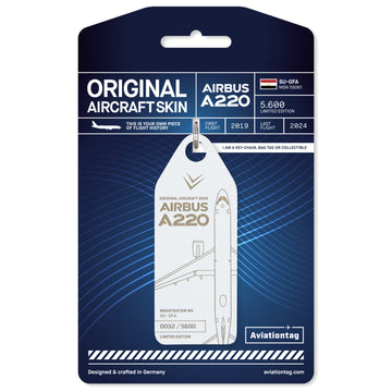 Aviationtag Airbus A220 SU-GFA Edition ex-Egypt Air - White aircraft tag on packaging 