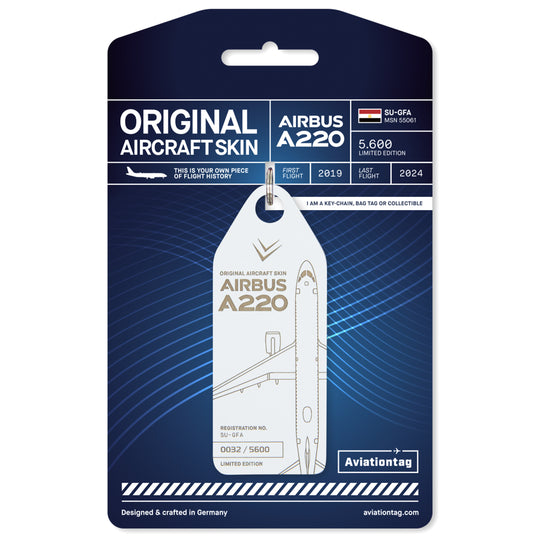 Aviationtag Airbus A220 SU-GFA Edition ex-Egypt Air - White aircraft tag on packaging 