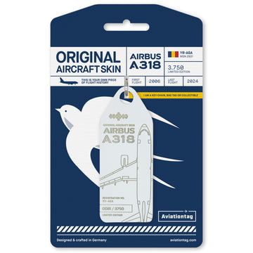 10 Years of Aviationtag - Airbus A318 YR-ASA aircraft tag edition ex Tarom. Image shows the white tag on the packaging cardboard
