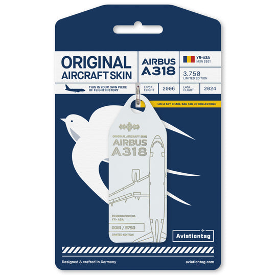 10 Years of Aviationtag - Airbus A318 YR-ASA aircraft tag edition ex Tarom. Image shows the white tag on the packaging cardboard