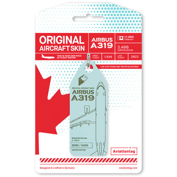 Aviationtag Airbus A319 C-GBIK Edition ex AIr Canada & Jetz aircraft tag on packaging