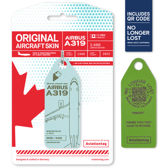 Aviationtag Airbus A319 C-GBIK Edition ex AIr Canada & Jetz aircraft tag with NoLongerLost QR code with packaging