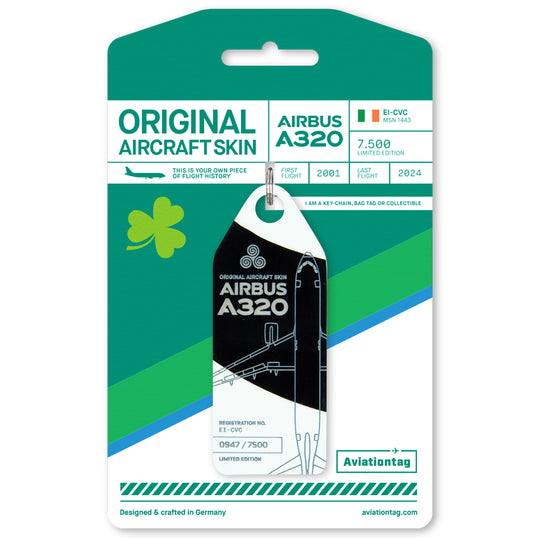 Bicolor black and white Aviationtag on cardboard, upcycled from former Aer Lingus Airbus A320EI-CVC - authentic aircraft tag 