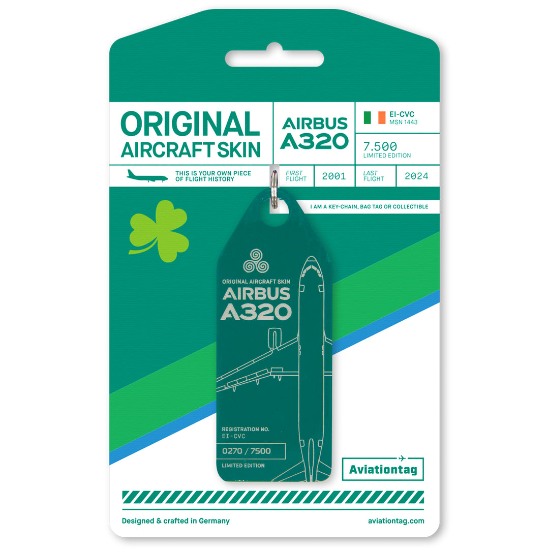 Green Aviationtag pcycled from former Aer Lingus Airbus A320EI-CVC - authentic aircraft tag on its cardboard packaging 