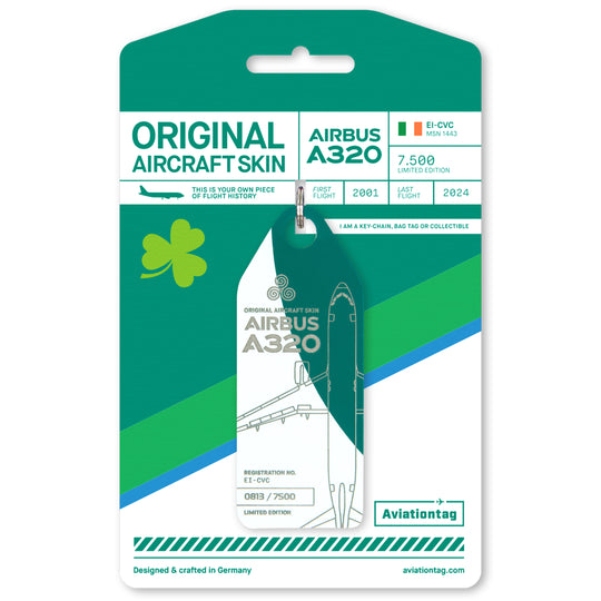 Green White Bicolor Aviationtag pcycled from former Aer Lingus Airbus A320EI-CVC - authentic aircraft tag on its cardboard packaging 