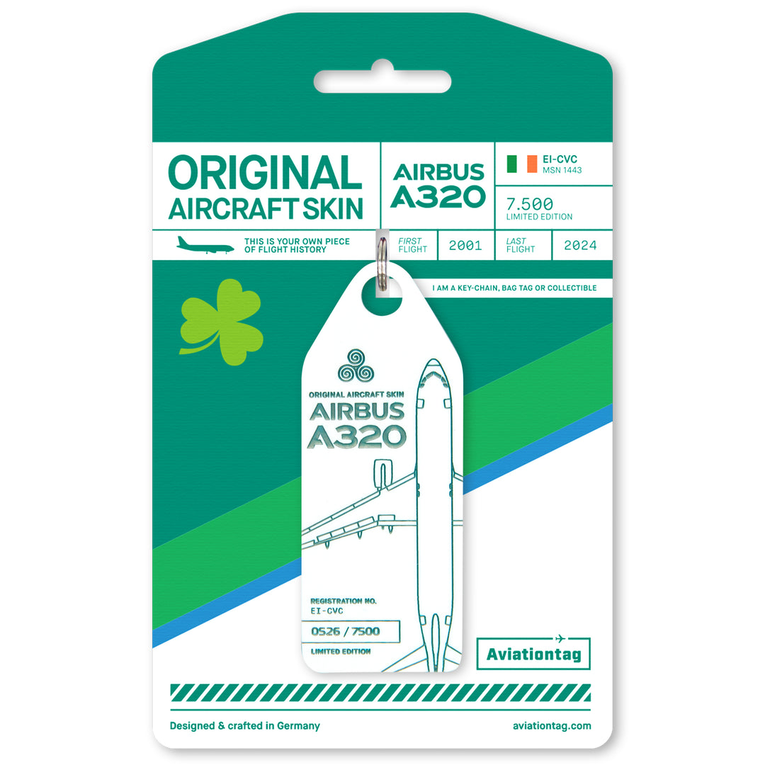 White Aviationtag upcycled from former Aer Lingus Airbus A320EI-CVC - authentic aircraft tag with packaging