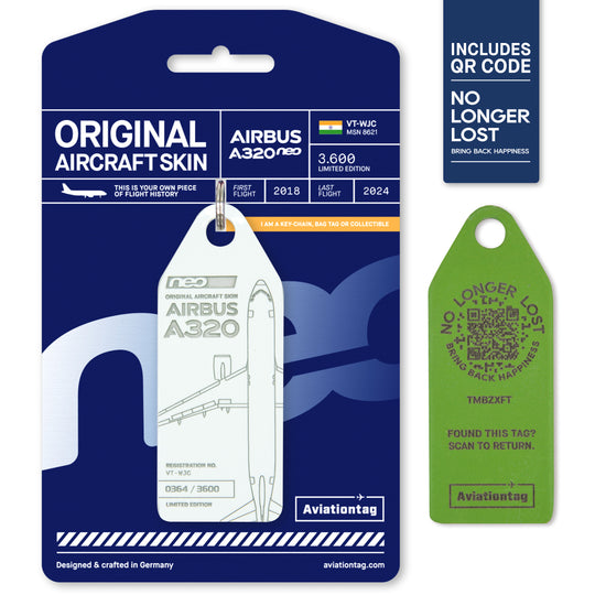 Aviationtag Airbus A320neo Edition VT-WJC GoAir Aircraft Tag Edition - White plane tag with NoLongerLost QR Code on packaging