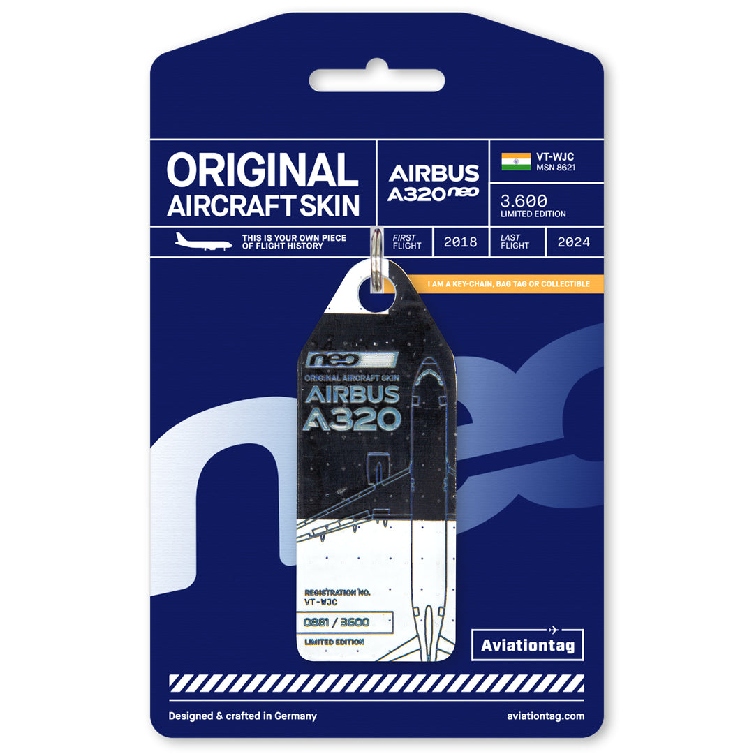 Aviationtag Airbus A320neo Edition VT-WJC GoAir Aircraft Tag Edition - Black / White plane tag with packaging