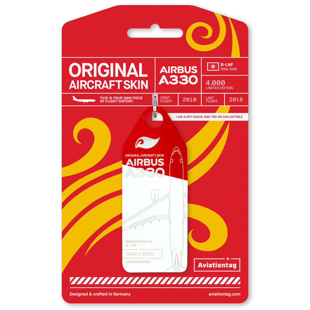 Aviationtag made from original aircraft skin of Airbus A330-223 B-LNF (Hong Kong Airlines); limited edition aviation tag with engraved serial number
