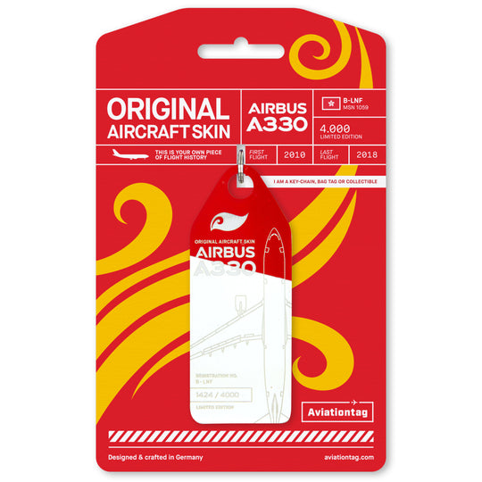 Aviationtag made from original aircraft skin of Airbus A330-223 B-LNF (Hong Kong Airlines); limited edition aviation tag with engraved serial number