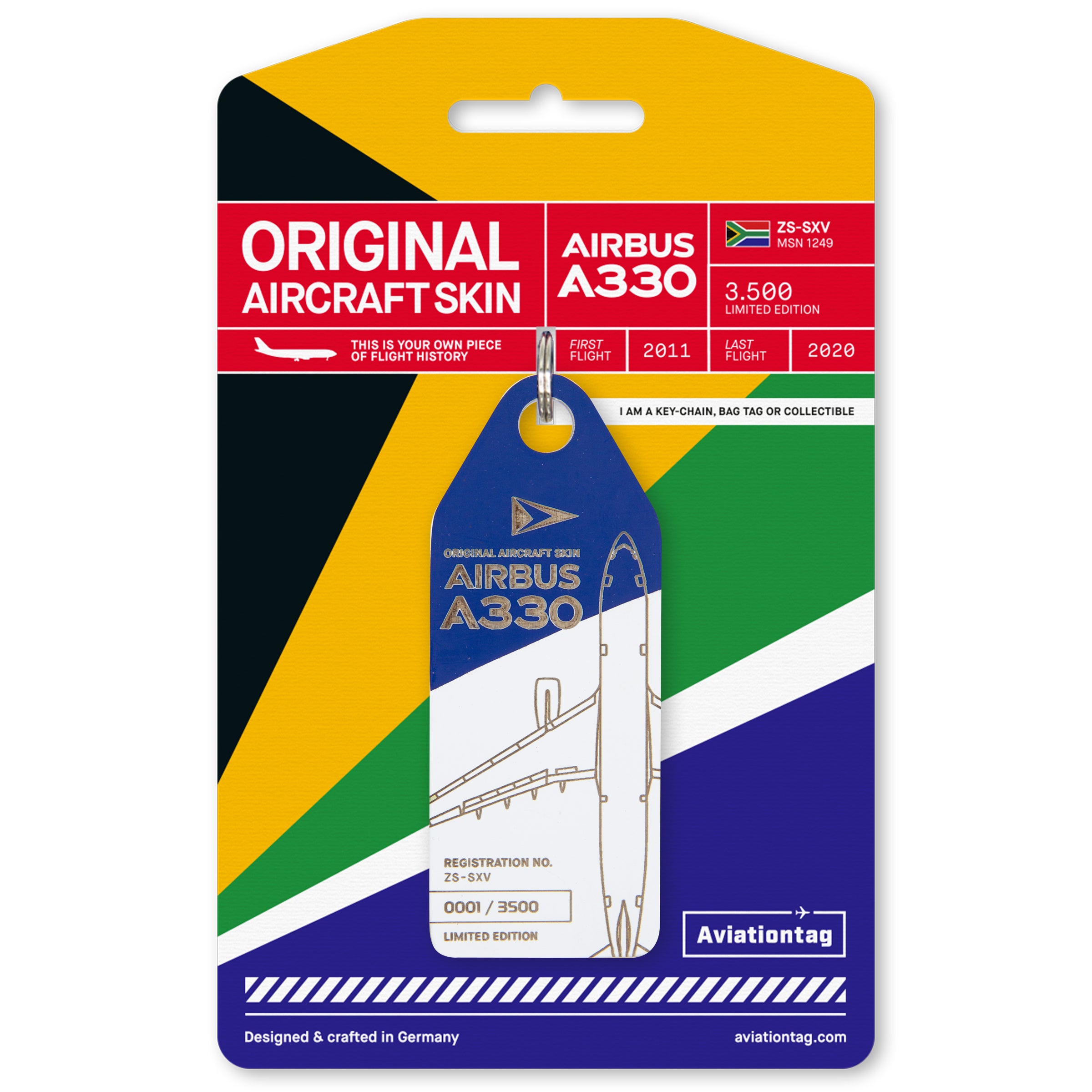 South African Airways Airbus A330 ZS-SKV Aviationtag Edition Blue/White aircraft tag on packaging
