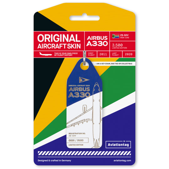 South African Airways Airbus A330 ZS-SKV Aviationtag Edition Blue/White aircraft tag on packaging