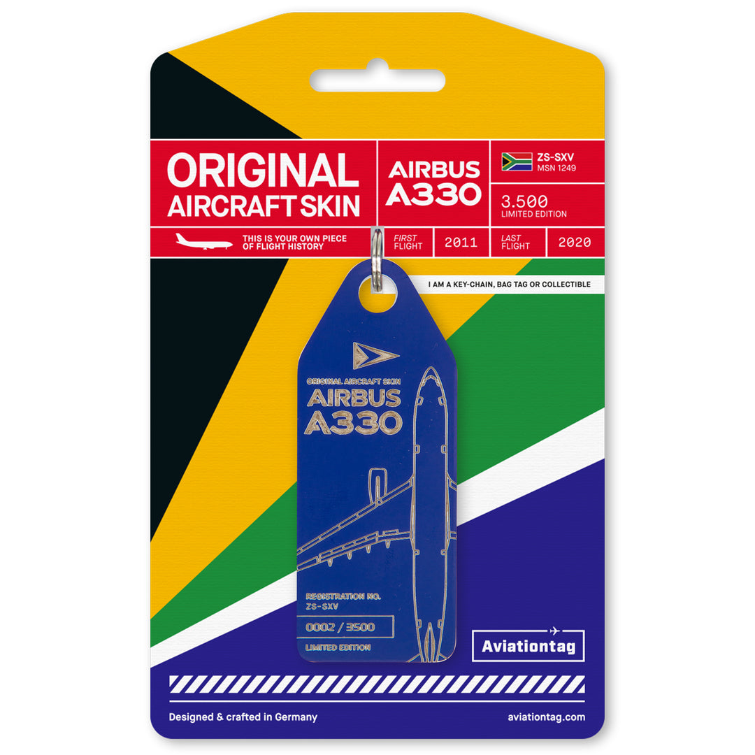 South African Airways Airbus A330 ZS-SKV Aviationtag Edition blue aircraft tag on packaging inspired by South African flag
