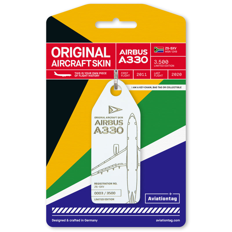 South African Airways Airbus A330 ZS-SKV Aviationtag Edition white aircraft tag on packaging inspired by flag of South Africa