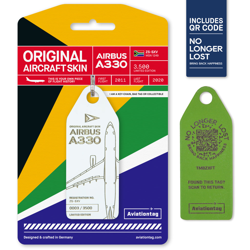 Aviationtag A330 ZS-SXV + NoLongerLost QR – South African Airways