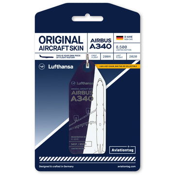 Aviationtag x Lufthansa Airbus A340-600 D-AIHE Leverkusen Aircraft Tag Editon Blue/White plane tag on cardboard
