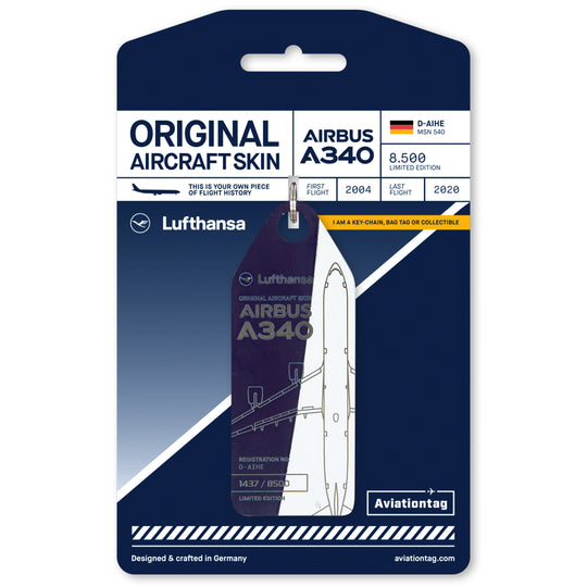 Aviationtag x Lufthansa Airbus A340-600 D-AIHE Leverkusen Aircraft Tag Editon Blue/White plane tag on cardboard
