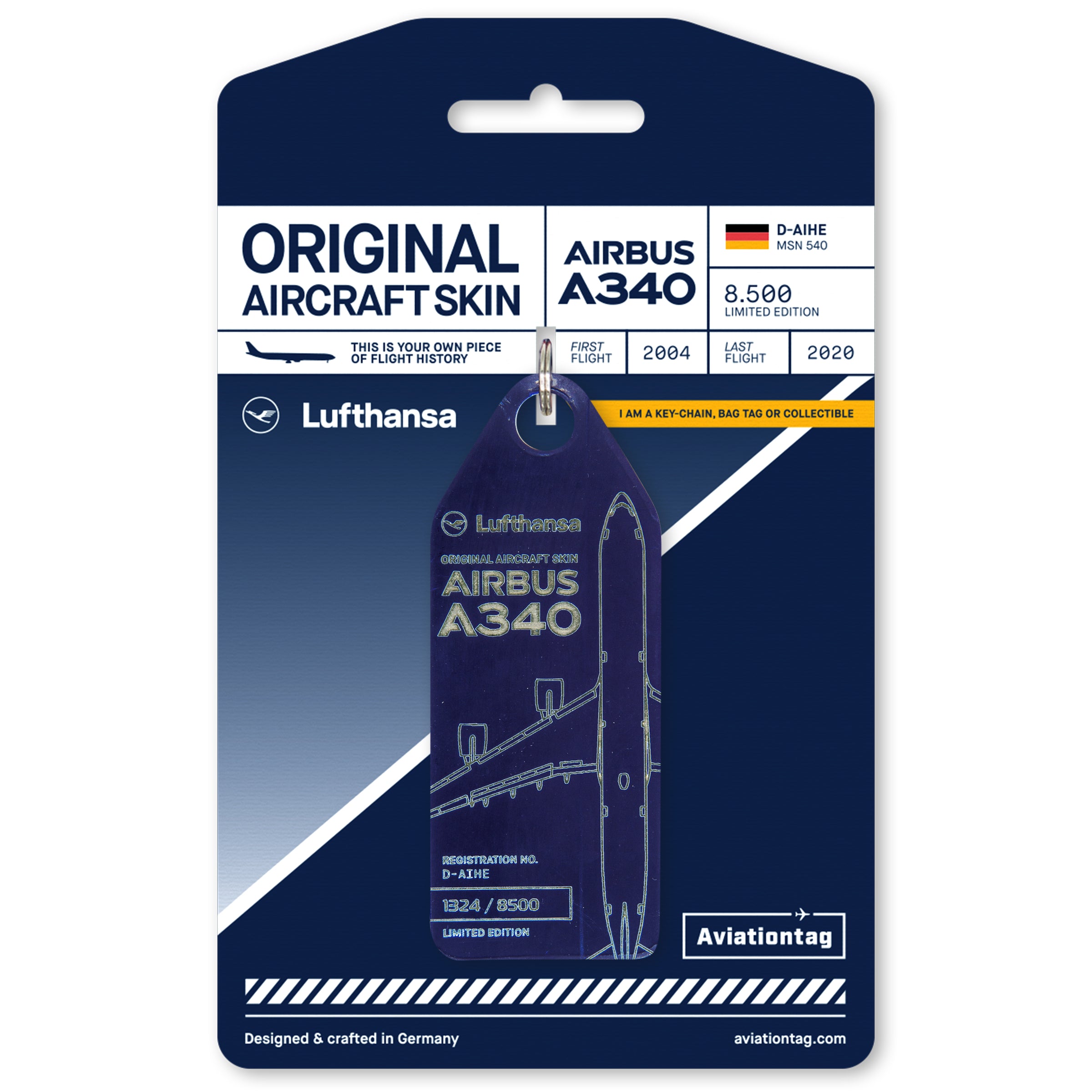 Aviationtag x Lufthansa Airbus A340-600 D-AIHE Leverkusen Aircraft Tag Editon Blue plane tag on cardboard
