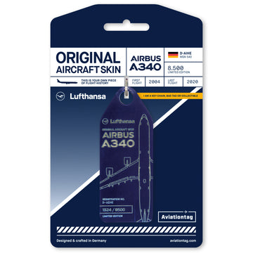 Aviationtag x Lufthansa Airbus A340-600 D-AIHE Leverkusen Aircraft Tag Editon Blue plane tag on cardboard
