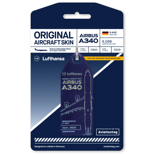 Aviationtag x Lufthansa Airbus A340-600 D-AIHE Leverkusen Aircraft Tag Editon Blue plane tag on cardboard
