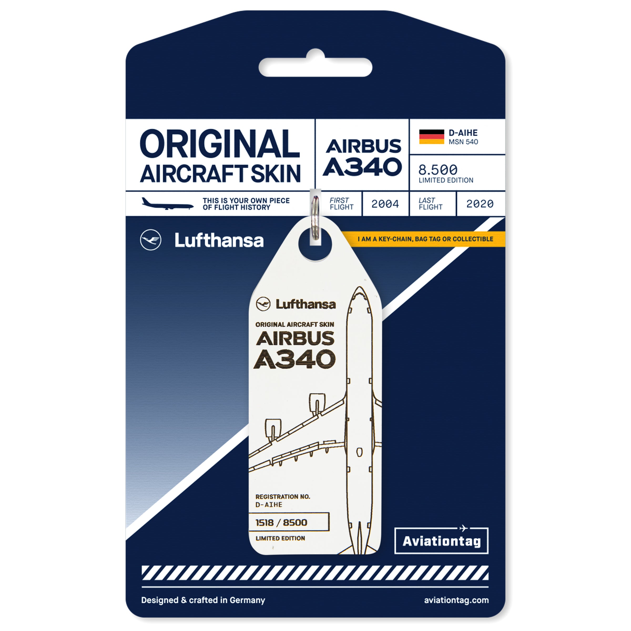 Aviationtag x Lufthansa Airbus A340-600 D-AIHE Leverkusen Aircraft Tag Editon White plane tag on cardboard
