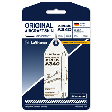 Aviationtag x Lufthansa Airbus A340-600 D-AIHE Leverkusen Aircraft Tag Editon White plane tag on cardboard
