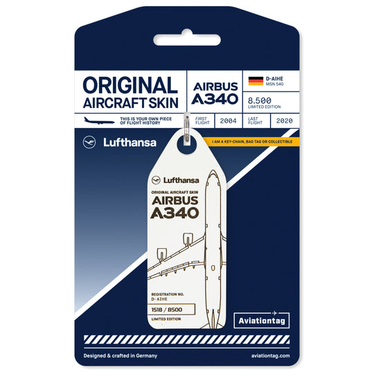 Aviationtag x Lufthansa Airbus A340-600 D-AIHE Leverkusen Aircraft Tag Editon White plane tag on cardboard
