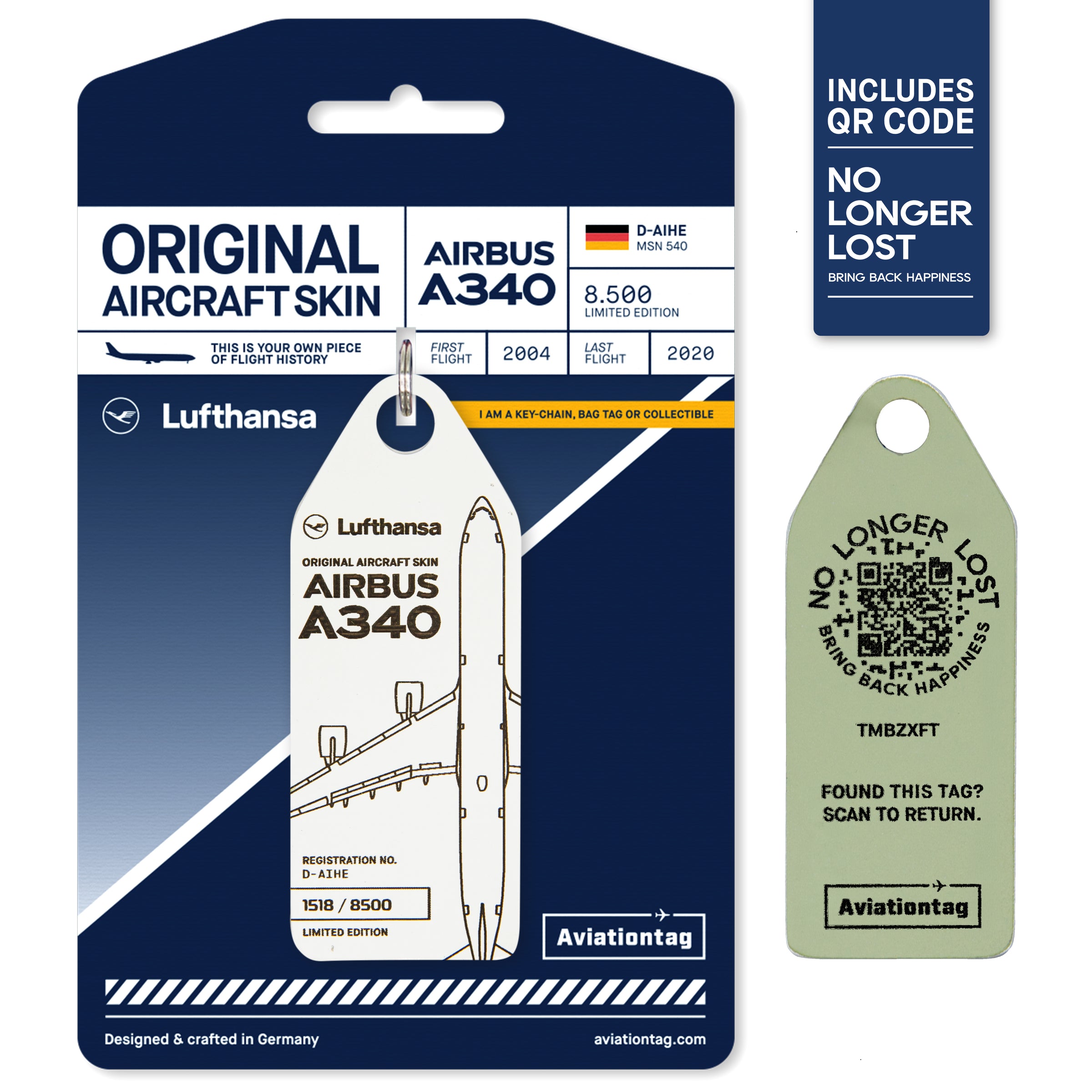 Aviationtag x Lufthansa Airbus A340-600 D-AIHE Leverkusen Aircraft Tag Editon White plane tag with NoLongerLost QR Code on cardboard
