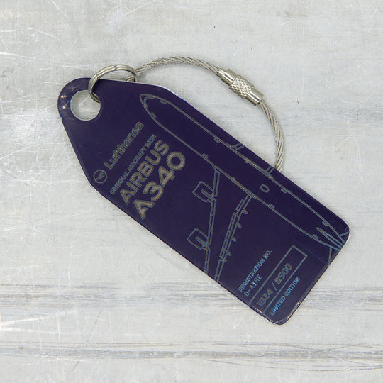 Aviationtag x Lufthansa Airbus A340-600 D-AIHE Leverkusen Aircraft Tag Editon Blue plane tag close up
