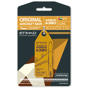 Aviationtag x Etihad: Airbus A380 A6-APA Gold aircraft tag on cardboard