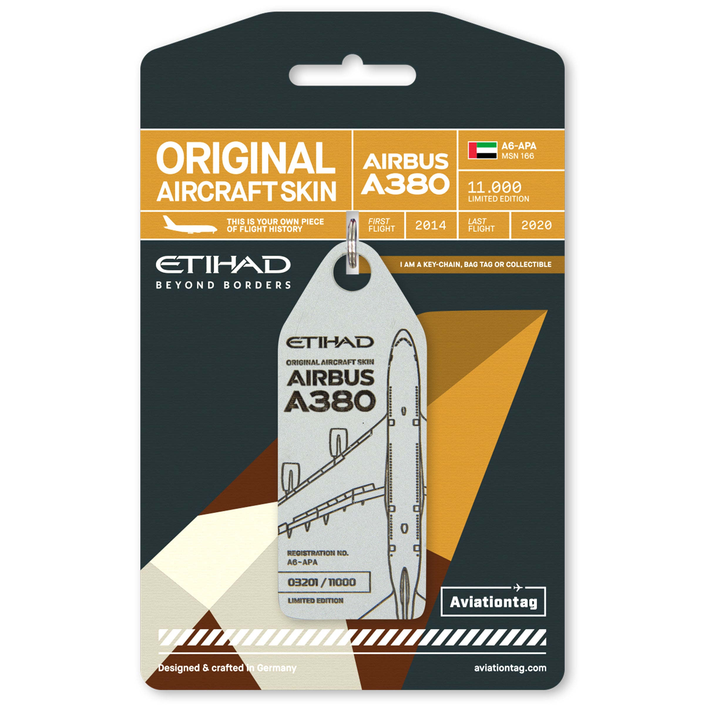 Aviationtag x Etihad Edition: Airbus A380 A6-APA Glare Grey aircraft tag on cardboard