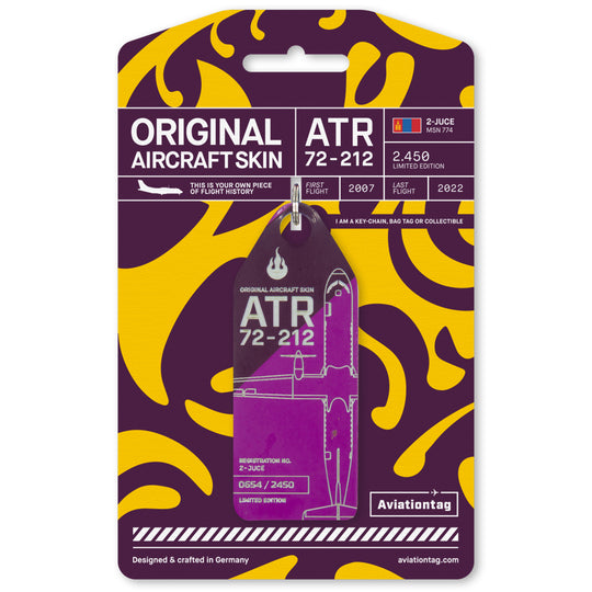 Aviationtag Edition Hunnu Air ATR 72-212 2-JUCE Aircraft Tag Violet/Purple with cardboard packaging