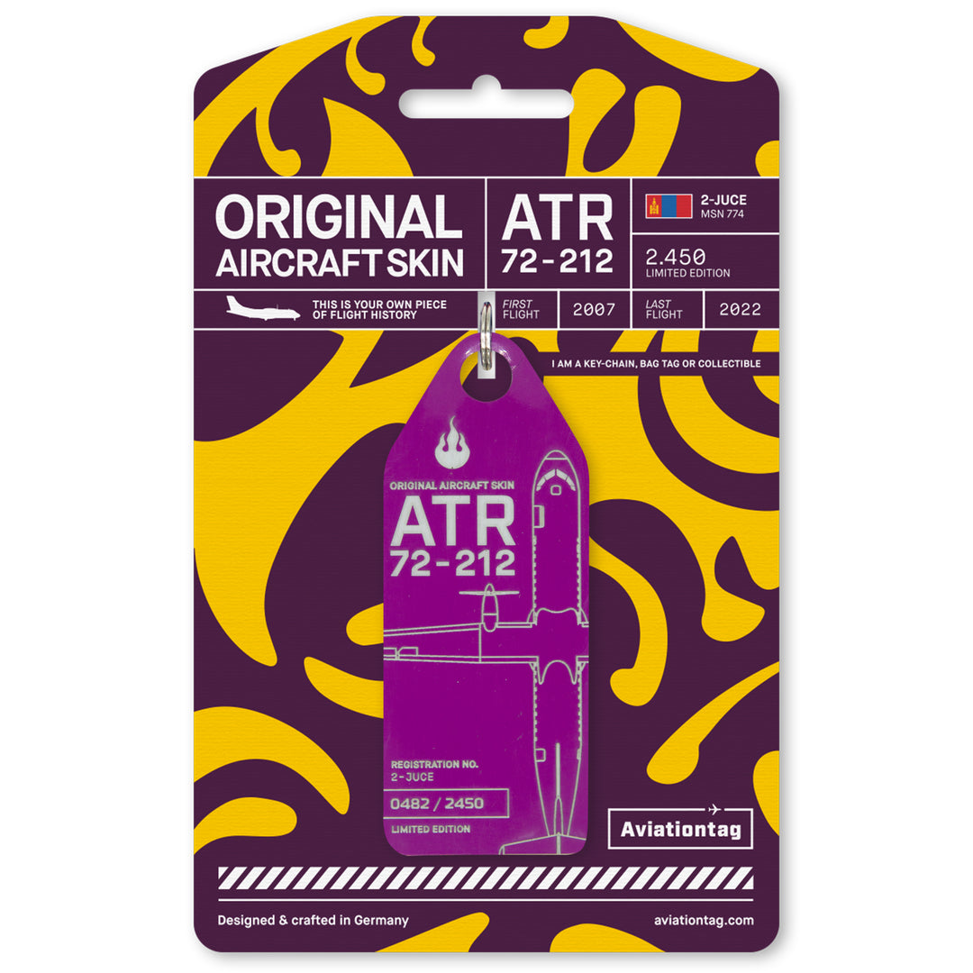 Aviationtag Edition Hunnu Air ATR 72-212 2-JUCE Aircraft Tag in violet with packaging