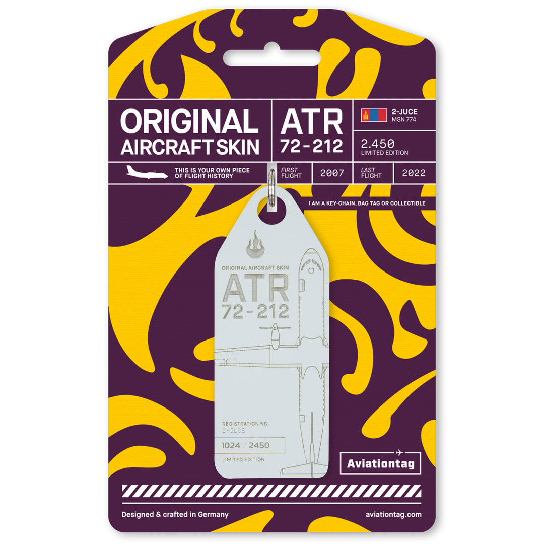 Aviationtag Edition Hunnu Air ATR 72-212 2-JUCE Aircraft Tag White with cardboard packaging