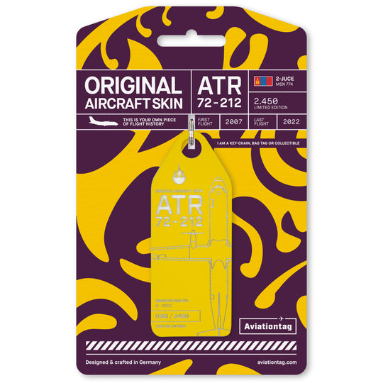 Aviationtag Edition Hunnu Air ATR 72-212 2-JUCE Aircraft Tag Yellow with backing cardboard
