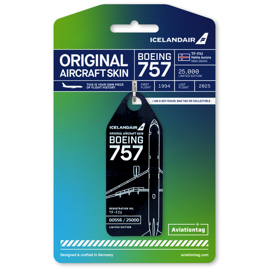 Aviationtag x Icelandair Hekla Aurora Boeing 757 TF-FIU Edition - black aircraft tag on cardboard